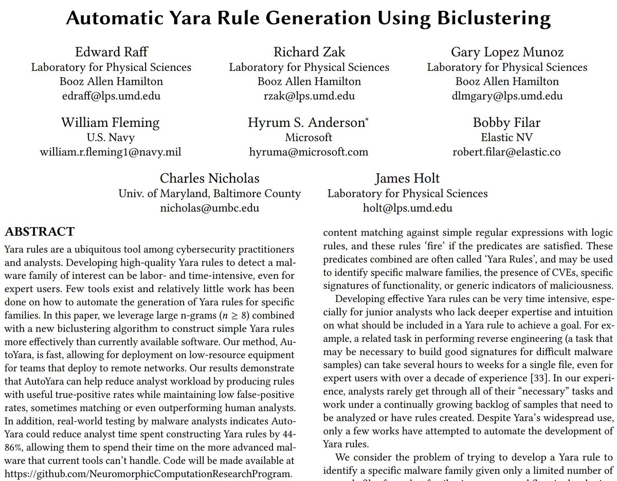 EdwardRaffML's tweet image. Automatic Yara Rule Generation Using Biclustering, new paper accepted to #AISec with @rjzak  @drhyrum @filar  &amp;amp; others too cool for twitter. This paper has been a long time coming! 
Paper📝: arxiv.org/abs/2009.03779 
Code👨‍💻👩‍💻: github.com/NeuromorphicCo…