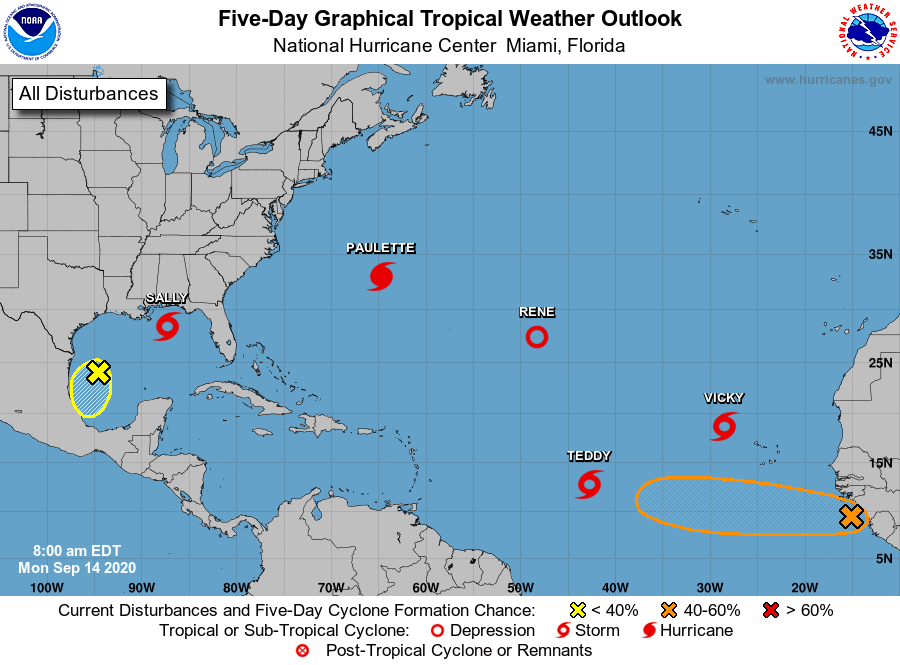 In2ThinAir's tweet photo. WOW 5 NAMES #Tropical #Systems at once LAST TIME WAS IN 1971 WHAT A SIGHT! #Hurricane #HurricaneSeason #tropicalStormSALLY #Sally #2020 #HurricaneSALLY @WeatherChannel #Sally #Paulette #Rene #Teddy #Vicky #TropicalStorm #Landfall #Stormsurge @In2ThinAir #in2family https://t.co/nLNKApiq3e