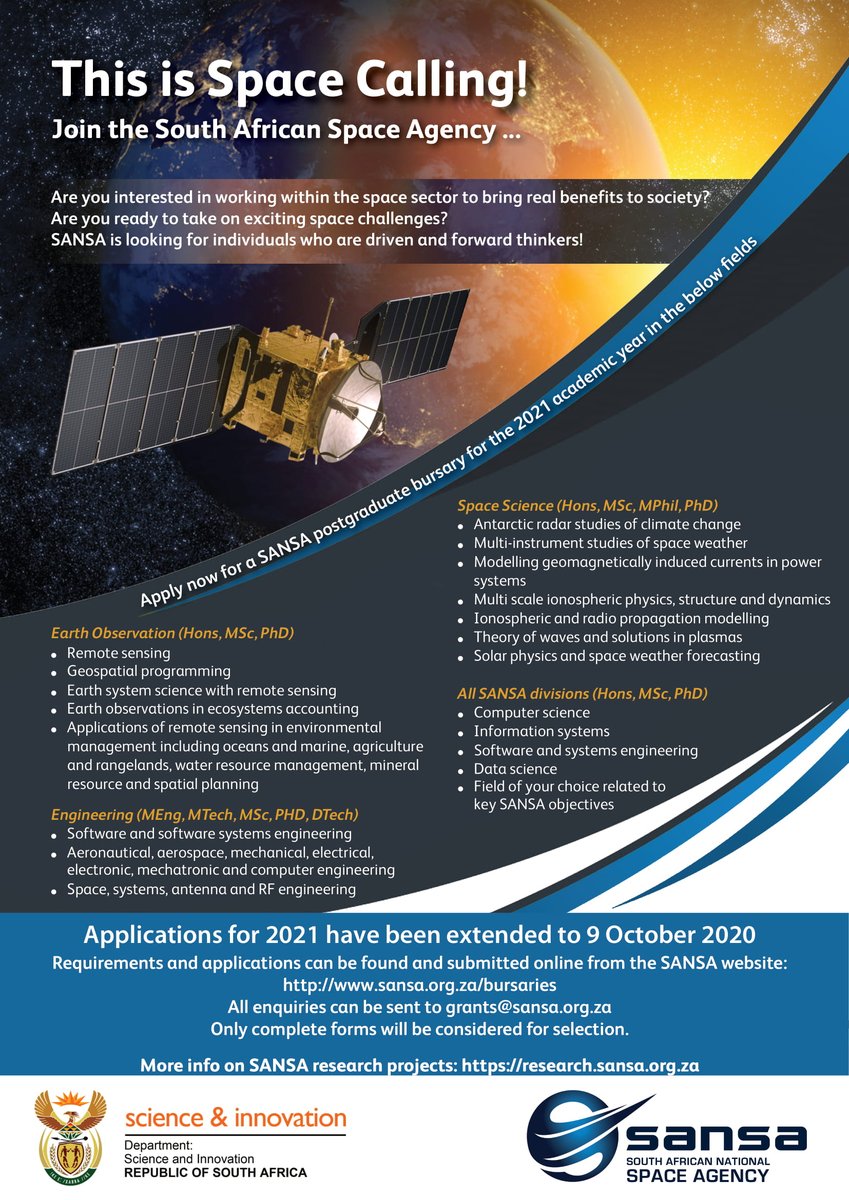 SANSA7's tweet image. SANSA has extended the 2021 bursary call to 9 October 2020 due to the extension of the university’s academic year. Don’t miss out on this opportunity, apply now! sansa.org.za/bursaries/