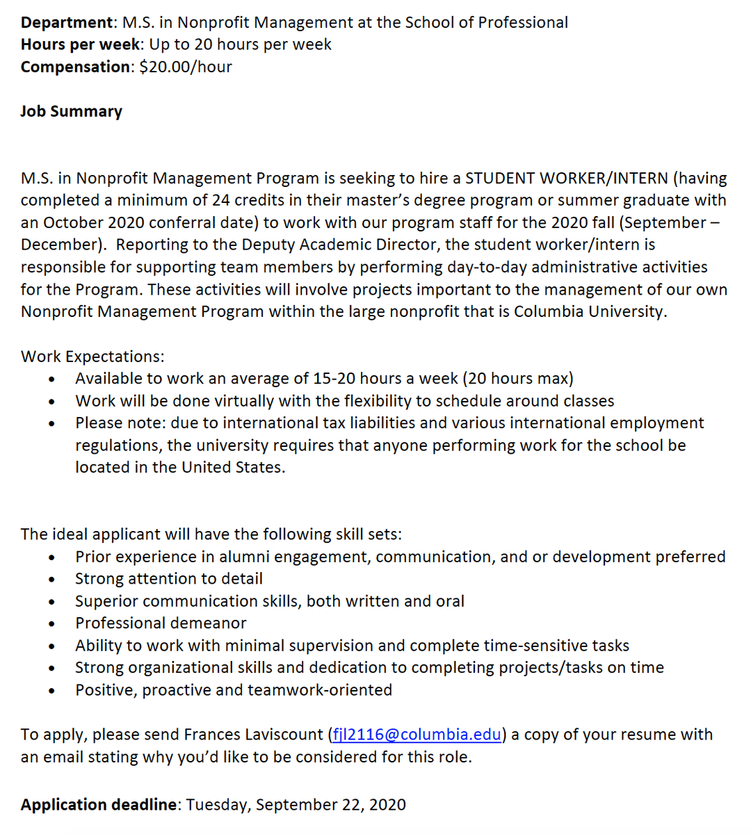 ColumbiaNMSA's tweet photo. Hey #CUSPSNonprofit community, check out this great paid internship opportunity with the @CU_SPS_Nonprof program! https://t.co/BqyF8r0knQ