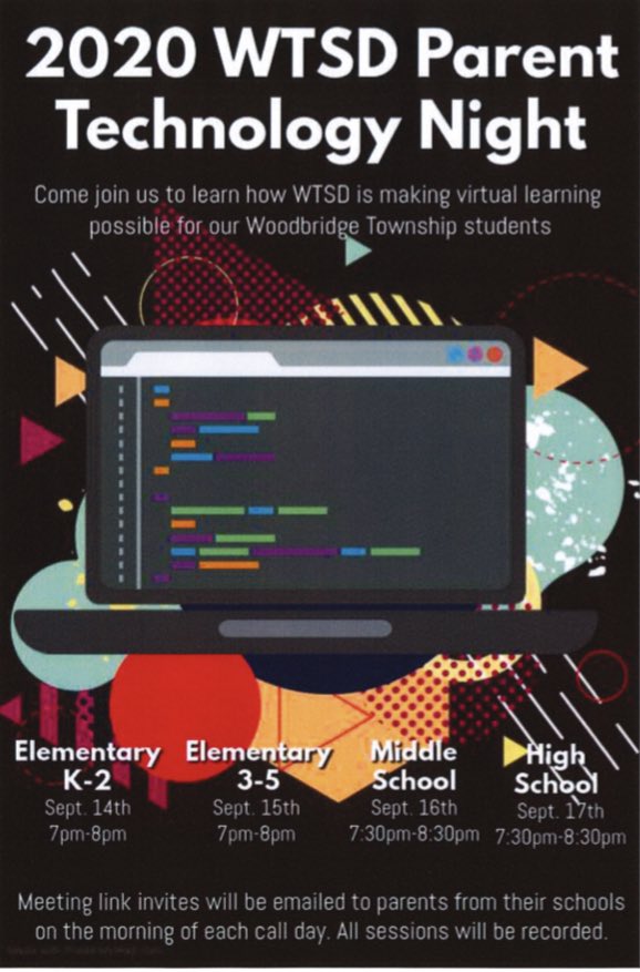 💻Woodbridge School District families...
Starting tonight our tech department will be hosting
       🖥Parent Tech Night!⌨️
📱So much valuable information will be provided. 
👀Please refer to the flier for information that applies to your students grade. 📚