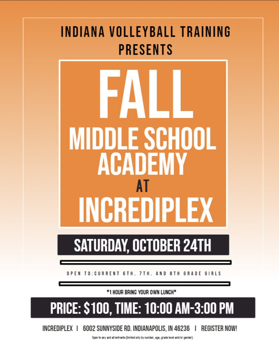 Join Indiana Volleyball Training <a href="/Incrediplex/">Incrediplex</a> October 24th. Our Fall Middle School Academy is open to current 6th, 7th and 8th grade girls. Click the link in our bio to register now! #fallcamps #volleyball