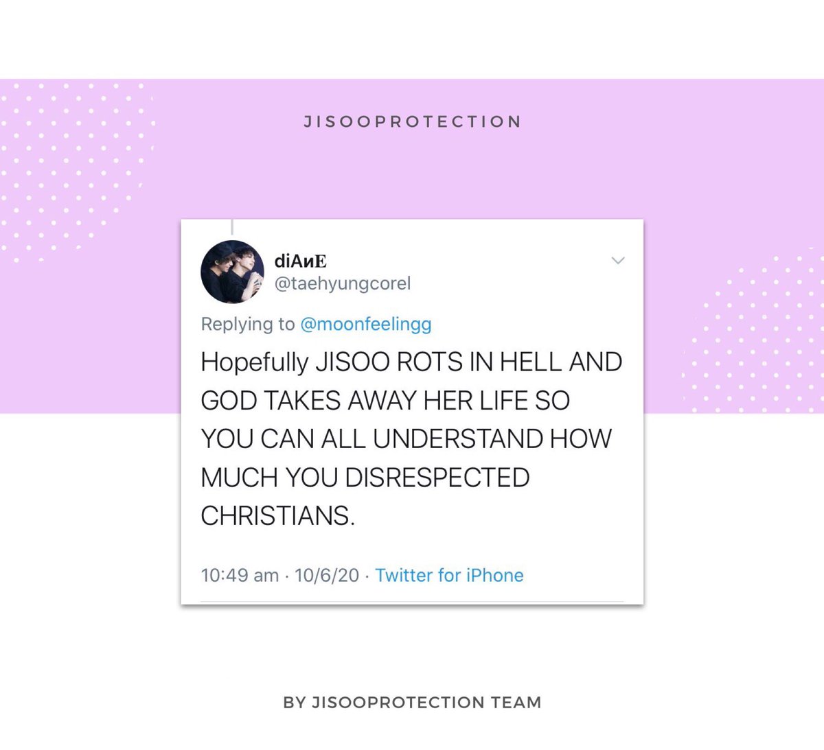 JISOOHOME_TH's tweet photo. Please PROTECT YOUR ARTIST !! @ygent_official 
Take action to protect her :)
She is receiving hate comments 
(harassment, bullying, and slut-shaming)

ช่วยกันติดแท็กด้านล่างกันนะคะ ตอนนี้จีซูกำลังถูกคุกคาม
😞😞😞

Cr: @/jisooprotection 

#YG_ProtectJISOO https://t.co/83q1tzYciK