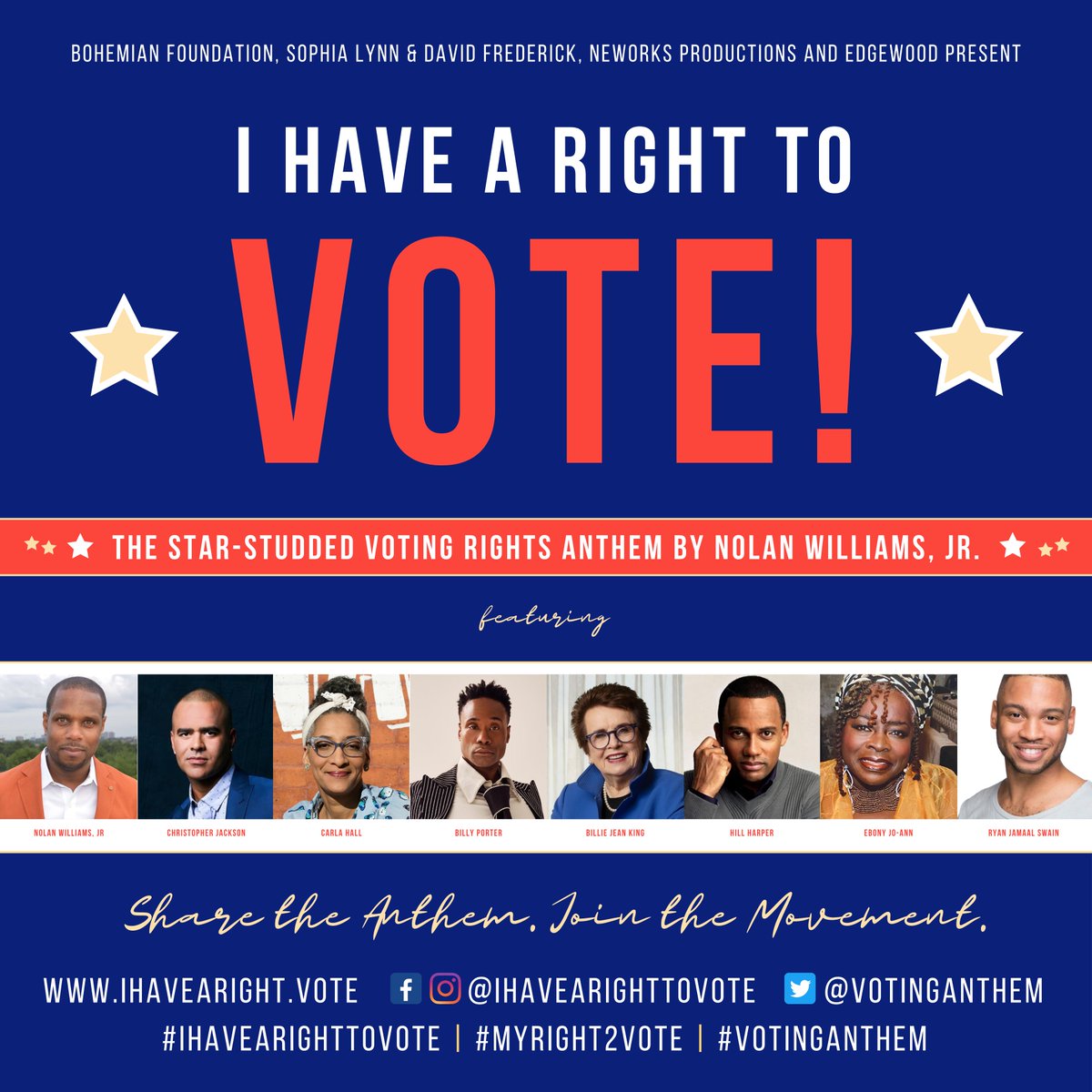 tmcf_hbcu's tweet photo. We're thrilled to share this powerful #votinganthem, @votinganthem, composed by @will_no88, featuring @BillieJeanKing, @theebillyporter, @CarlaHall, @ChrisIsSingin, @HillHarper, @EbonyJoAnn, @RyanJamaal and more! Please LIKE and SHARE it.

#MyRight2Vote  #VotingAnthem  #VOTE https://t.co/T1sWn1xHLa