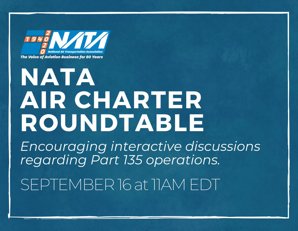 LegalCharter's tweet photo. Register for NATA's "Air Charter Roundtable: Forging Ahead" to learn about how businesses are preparing for the challenges, risks, &amp; opportunities that lie ahead on Wednesday, September, 16 11AM EDT.  https://t.co/LSVyRnLMTn #bizav #COVID19 https://t.co/cOzgDIjUxq