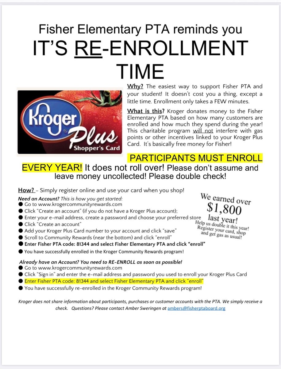 FisherElemPTA's tweet photo. Time to enroll! Shop Kroger and support our Fisher PTA! 🛒🛍 https://t.co/Xp0TyvvPpD