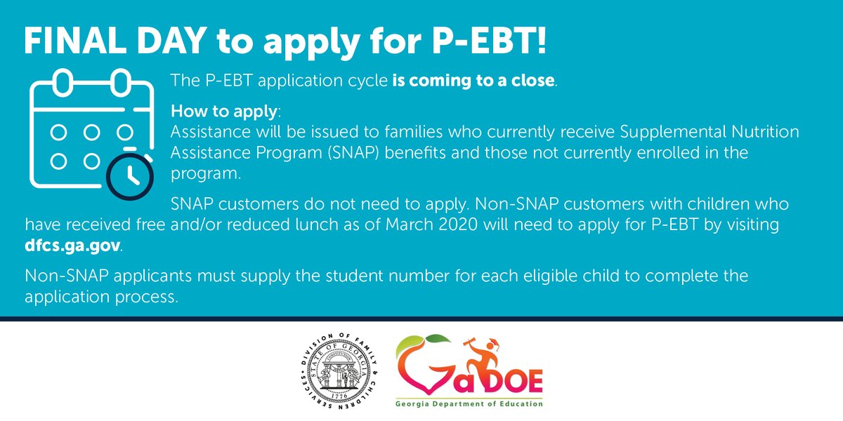 GADFCS's tweet photo. Friday, Sept. 18 is the last day to complete a P-EBT application. https://t.co/4bC7HY1GxP
