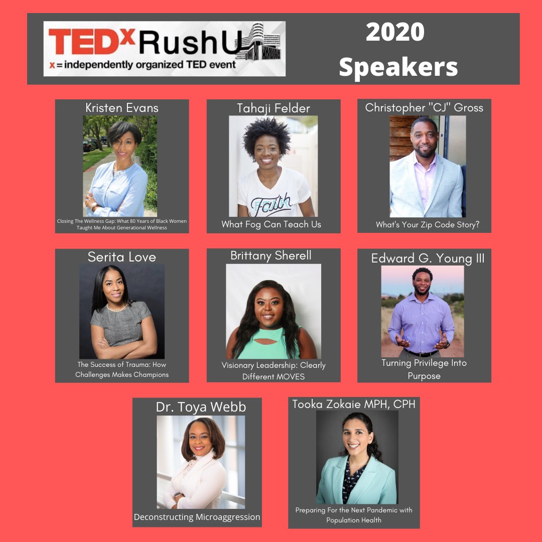 TEDxRushU's tweet photo. We are excited to announce our speakers for #TEDxRushU talk! Follow us for updates on our 2020 event and to learn more about each speaker! #Vision2020 https://t.co/tb3Br02iBx