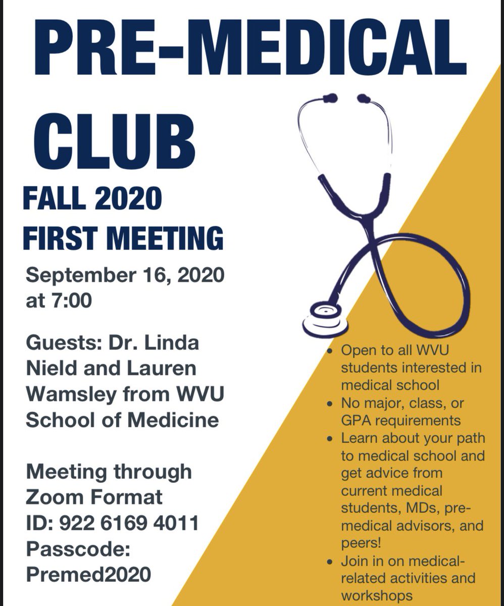 We’re back! The Pre Medical Club’s first meeting this semester is Wednesday, September 16 at 7:00. The meeting will be through zoom and the meeting ID and passcode is in this photo. Let us know if you have any questions! Stay safe everyone and we look forward to seeing you!!