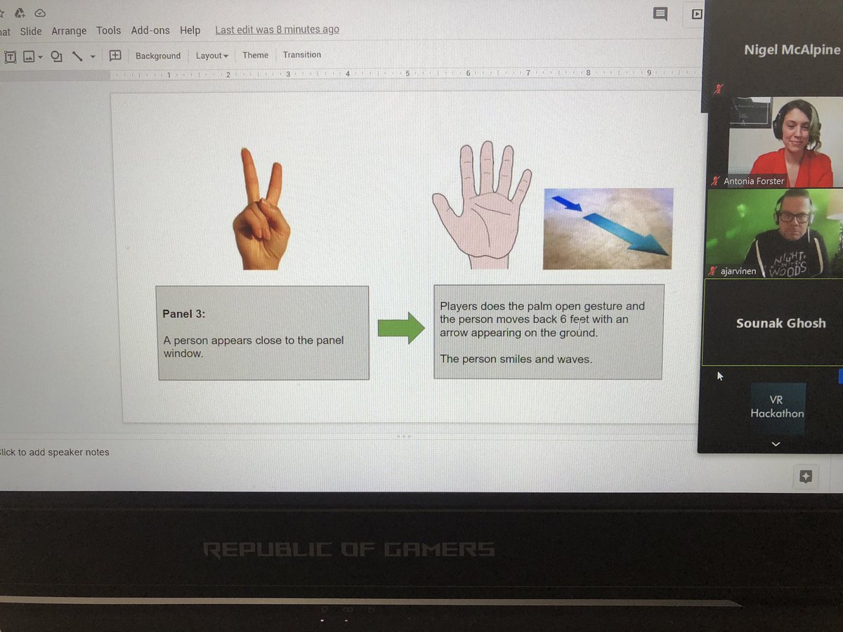 DigiCatNI's tweet photo. Show and tell session up and running for the hand tracking #VRHackathon with mentor @AntoniaRForster - super to see the teams coming together, this is Team VRness which merges a graphic novel with virtual hand gestures. @DigiCatapult @futurescreensni @NIScreen #VR https://t.co/CcVL8OZ29t