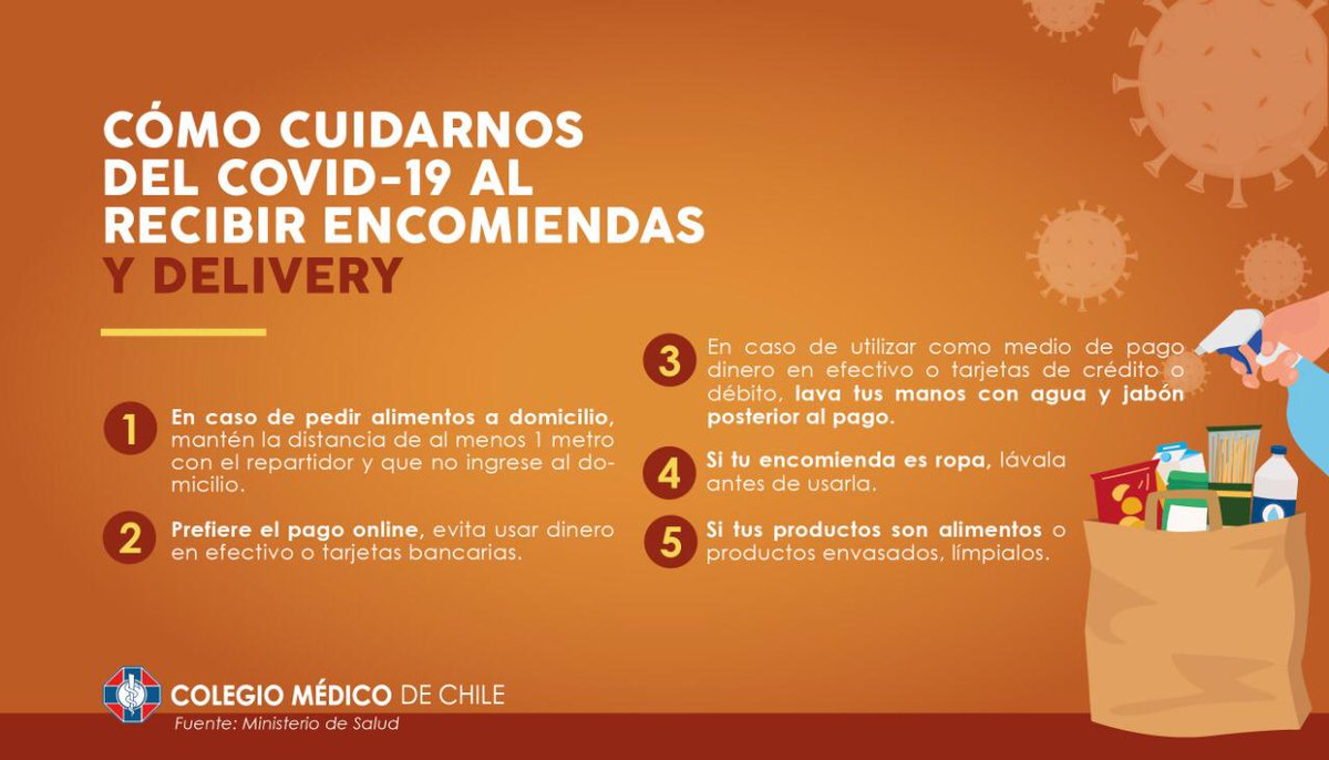 colmediquique's tweet photo. ¿Cómo cuidarnos del #COVID19 al recibir encomiendas y delivery? 
Junto a @colmedchile te dejamos estos simples y efectivos consejos para evitar posibles contagios de #coronavirus 
⚠️ ¡Cuídate!

#Iquique #AltoHospicio #PozoAlmonte
#Tamarugal #Tarapacá https://t.co/eZNYDm2CZ4