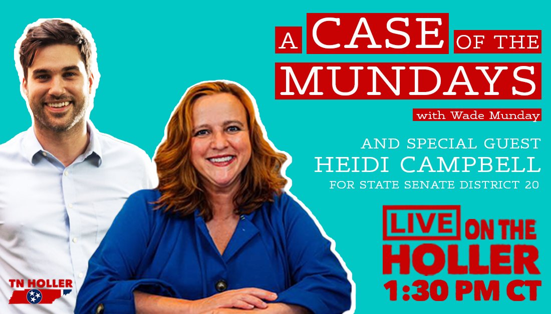 LIVE SHOW 🎉 @WadeLMunday is back with #ACaseOfTheMundays at 1:30 pm CT.

@campbelltn20 joins the show today to talk about her run for State Senate District 20 against @DickersonforS20 who recently settled a Medicare/TennCare scheme that stole $25 million from taxpayers.