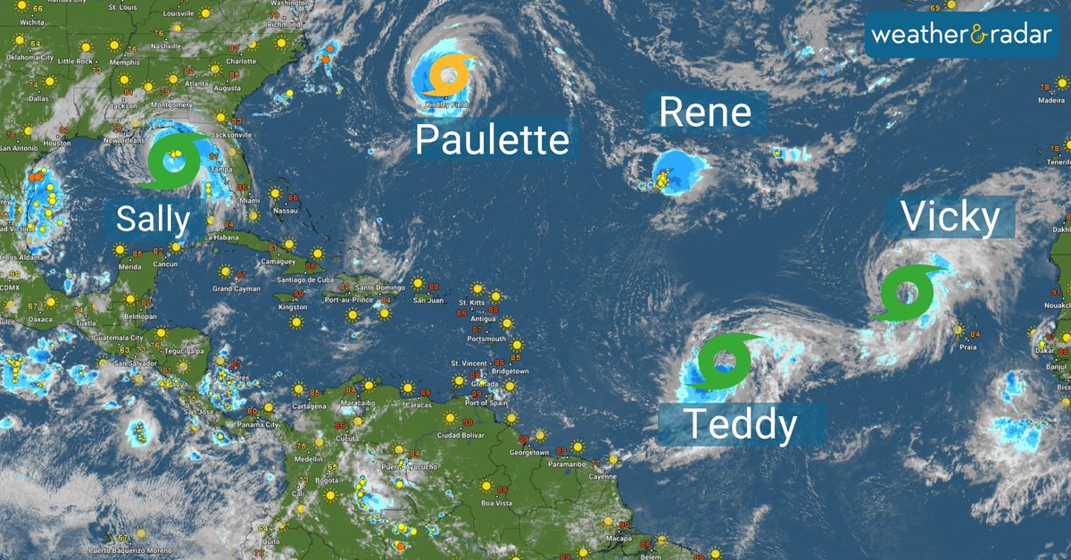 WeatherRadarUK's tweet photo. It's busy in the Atlantic with currently five active tropical systems! 🌀😲

#Wilfred is the last name on the list of 2020 hurricanes.

Once we exhaust the list, we will have to resort to the Greek alphabet, something thas has happened only once in 2005! https://t.co/r1tfW2L18j https://t.co/M02CHJOlMC