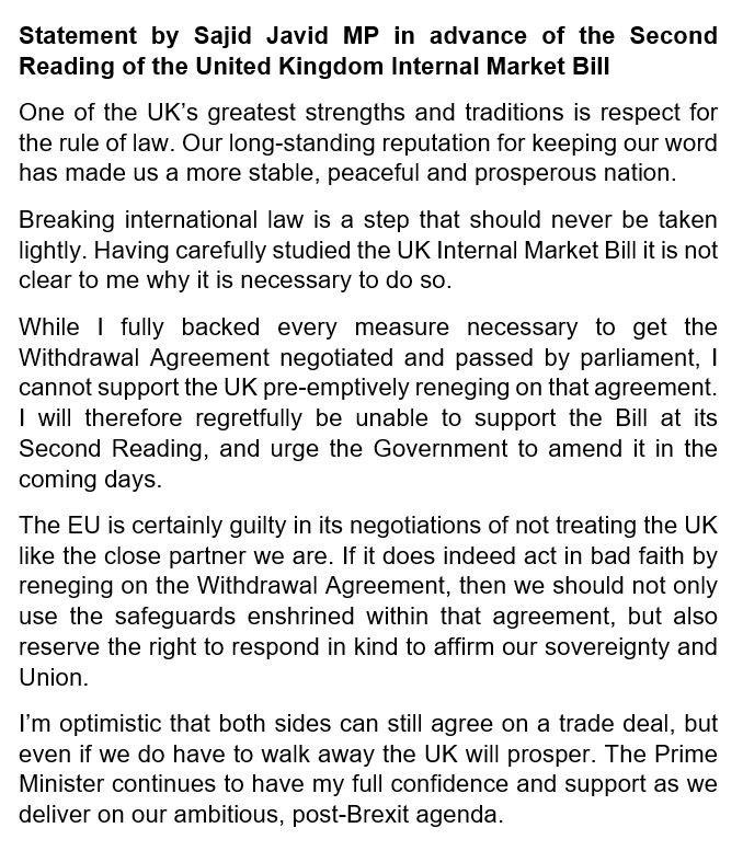 sajidjavid's tweet photo. It is not clear to me why it is necessary for the UK to break international law. I am regretfully unable to support the UK Internal Market Bill unamended. https://t.co/ID0CeyXCeJ