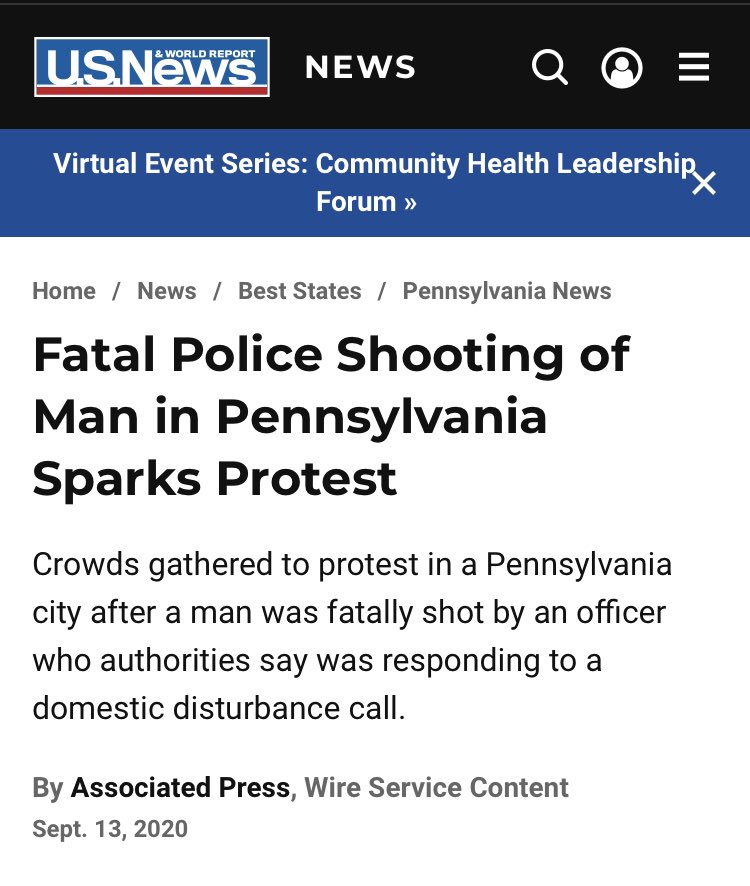 Reporting from  @AP got picked up all over, as it does, and recycled through the same lens. Here’s  @usnews, who manage to scrub the knife detail and focus instead on the trendy topics: police shootings and protests.
