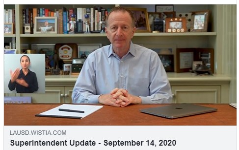 LASchools's tweet photo. WATCH: Superintendent Austin Beutner's Update to the School Community 
VEA: Mensaje del superintendente Austin Beutner a la comunidad escolar. Haga clic en el botón [CC] en el video si desea activar los subtítulos en español. https://t.co/u6IGgKS8Iw https://t.co/XYcfFA0qR5