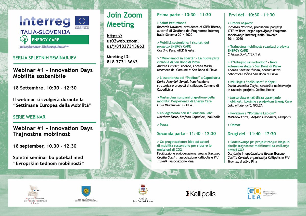 ENERGYweCARE's tweet photo. 🌱 #InnovationDays

💡On September 18, 2020 we organize the 1st Innovation Day, a series of free webinars dedicated to #EnergyCare themes and results.

🚲 The theme of the first one will be #sustainablemobility, on the occasion of the European Mobility Week.

☀️ Are you ready? https://t.co/LdDGx9MxdM