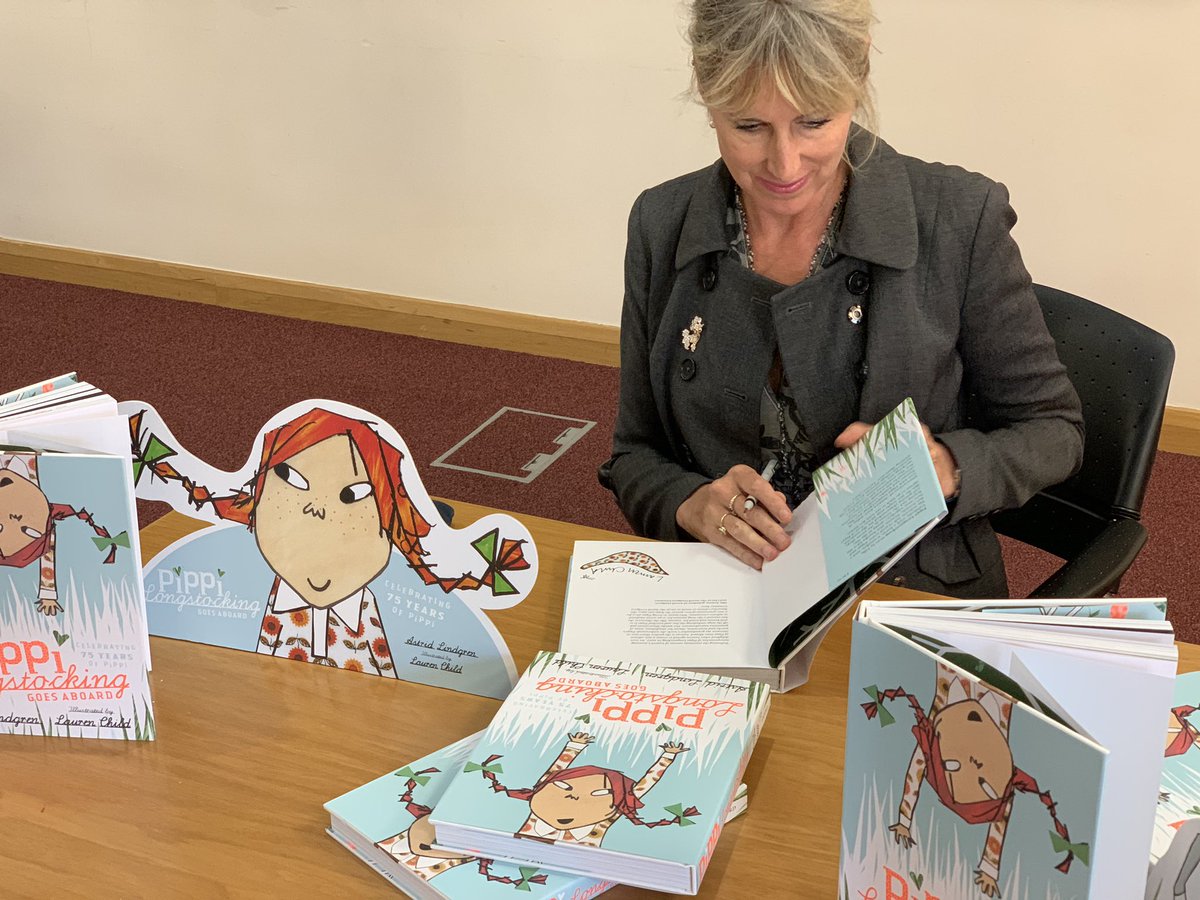 OxfordChildrens's tweet photo. Exciting day in the office with Lauren Child signing copies of her gorgeous new edition of #PippiLongstocking. Coming to shelves near you on 1st October! #Pippi75 @Pippiandfriends #LaurenChild https://t.co/6bSkdGH4Si
