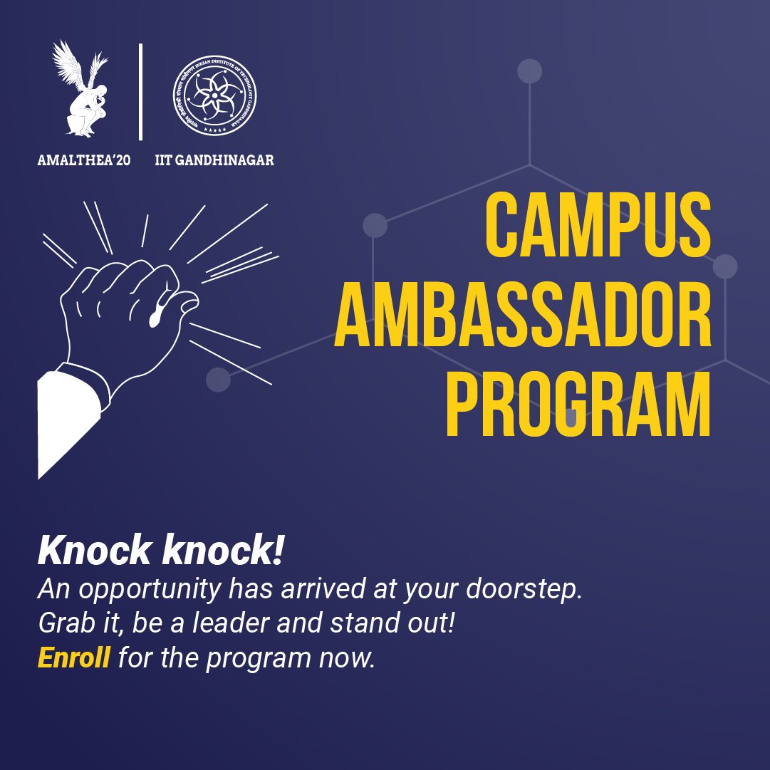 amalthea_iitgn's tweet photo. We present you the Campus Ambassador program of Amalthea. Enroll and get a chance to amplify your image at the campus and yes, there are perks involved. #aml #amalthea #iitgn #iitgandhinagar #techsummit #caprogram #campusambassador https://t.co/sr1fiuJ7Kh