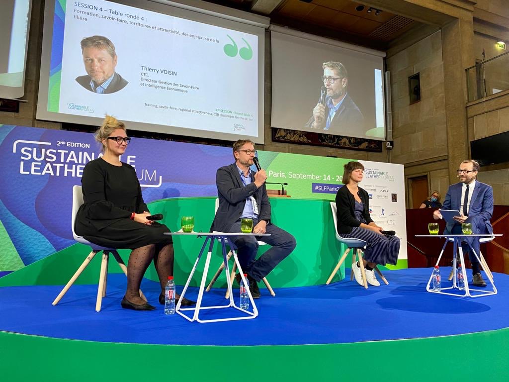 AFCuir's tweet photo. [ #SLFParis2020 ] Dernière table ronde de cette édition avec Laurent Duray #LimGroup, Thierry Voisin @CTCGroupe, Andrée-Anne Lemieux @IfmParis et Solène Dailloux du collectif « pour un réveil écologique ». #savoirfaire #formations #rse #Sustainability https://t.co/HEI0QiIJCZ