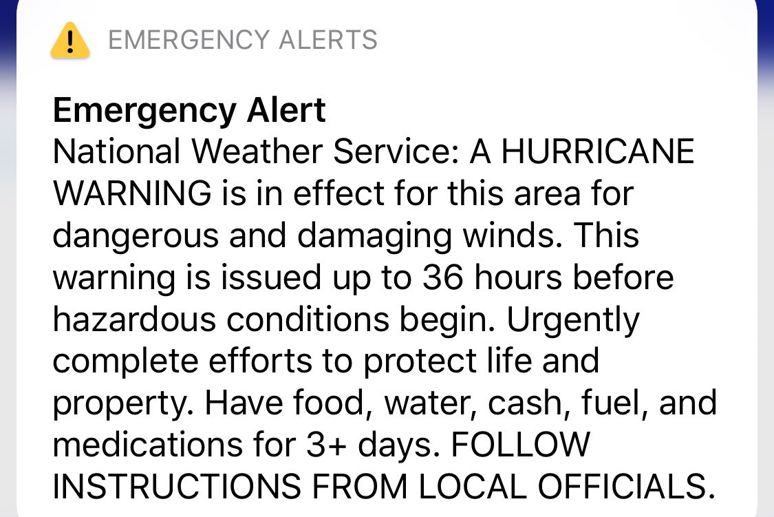 TylerFingert's tweet photo. This emergency alert was just issued by the @NWSMobile. They’re doing everything possible to make sure everyone is aware that a #Hurricane Warning is now in effect for coastal #Alabama counties. #Sally #TropicalStormSally #ALwx https://t.co/lXgwTMn1DT