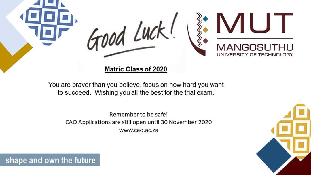 Best wishes for the trial exam to the Matric class of 2020 #matric2020 #MatricResult2020 @DBE_KZN @CAOHouse @AyandaBulose