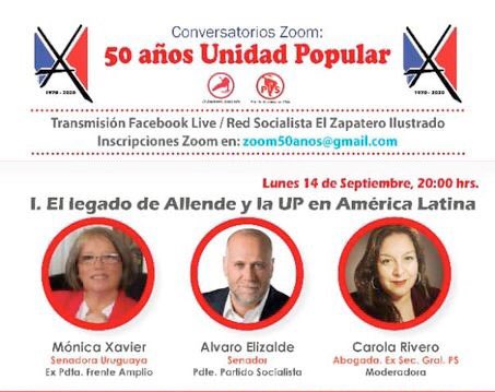 Desde las 20 HRS conectate al Facebook Live de Red Socialista El Zapatero Ilustrado para este conversatorio sobre los #50AñosUP
“El Legado de Allende y la UP en América Latina”

Inscripciones:
zoom50anos@gmail.com
<a href="/alvaro_elizalde/">Alvaro</a>
@carola_rivero2020 #AllendeVive