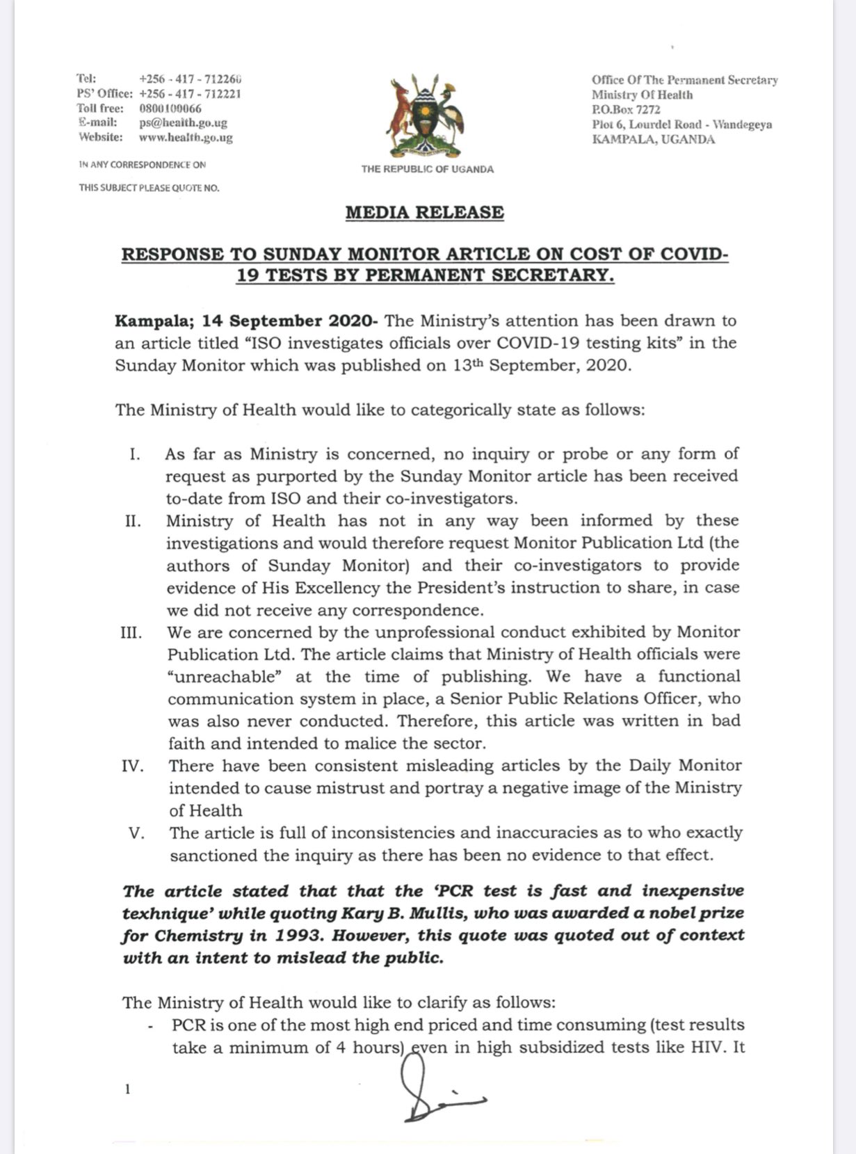 Ministry Of Health Uganda Response By Permanent Secretary Dianaatwine On The Cost Of Covid 19 Tests As Alleged By The Sunday Monitor Dailymonitor Staysafeug T Co Ryocrwwtjv