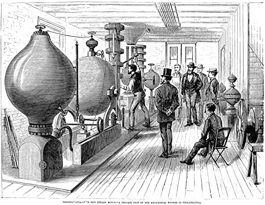 7/ But with this money came great expectations. Keely would actually have to deliver on his promises!Or so you would think...In 1874, he gave the first demonstration of his "working" prototype engine, making a show of guarding the secrets from the audience of onlookers.
