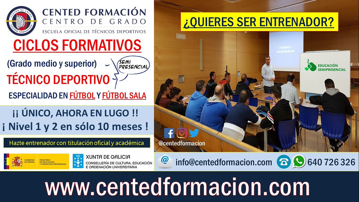 centedformacion's tweet photo. 🚨Últimas plazas!! ⚽️ Hazte entrenador!!
🖥 FORMACIÓN SEMIPRESENCIAL.  
📚 Es tu oportunidad: Niveles 1 y 2 en 10 meses!!! 
👉🏻 https://t.co/8MhbxZPotJ
#Entrenador #Formacion #OnLine #CENTED https://t.co/BZInnaYLSn