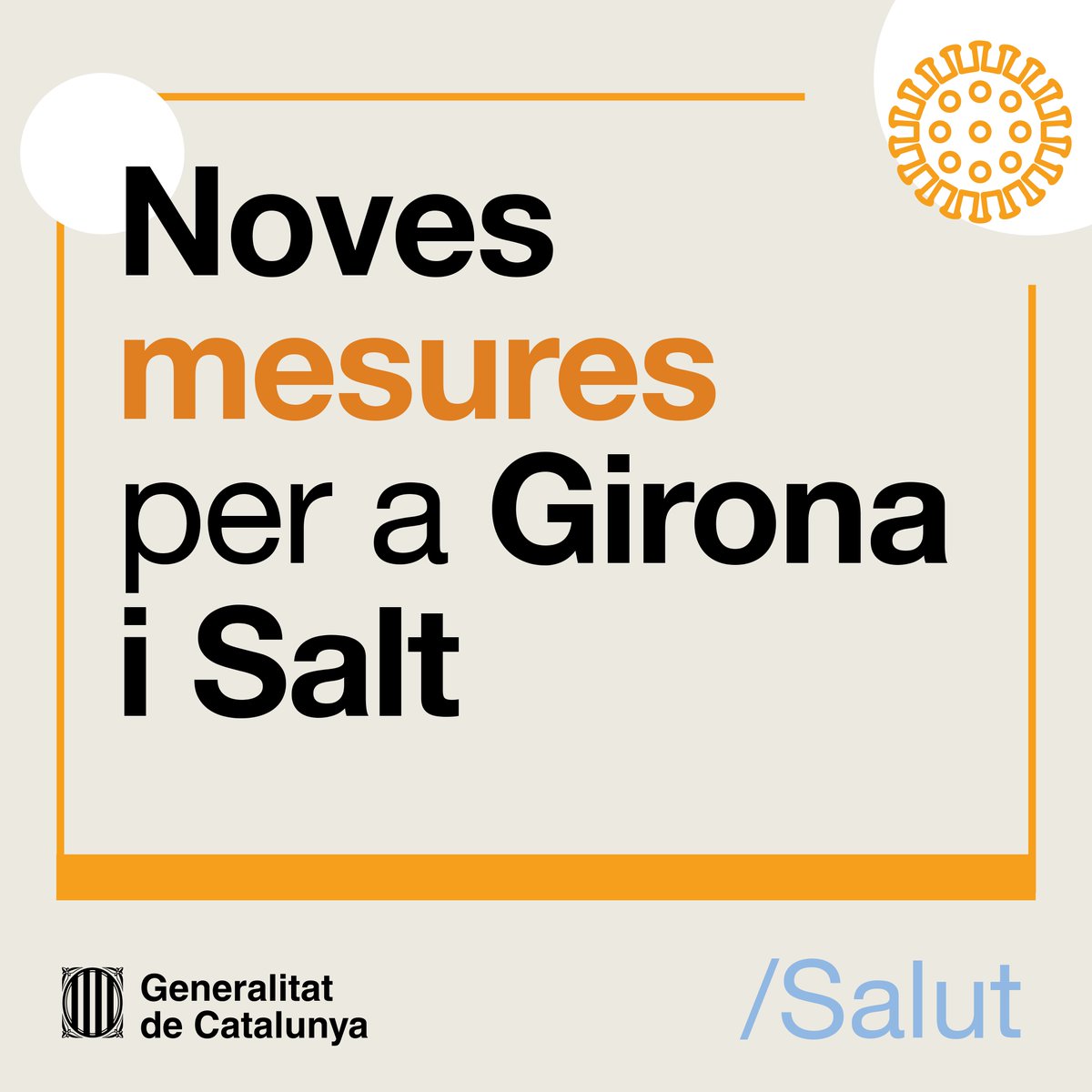 salutcat's tweet photo. 📢 Aprovem noves mesures a les ciutats de Girona i Salt per reduir el risc de contagi de #Covid19.

➡️ Es limita l’aforament de la restauració al 50% i demana a la ciutadania que es quedi a casa tant com pugui i redueixi al màxim l’activitat social.

🔗 https://t.co/V7TxUxiEG3 https://t.co/2YH4BFJBps