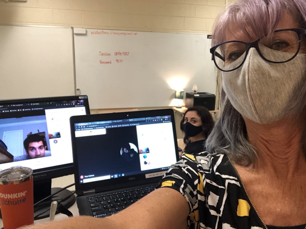 CFSchultheis's tweet photo. Two Google Meets and an in person class. Making Hybrid work!! #CFPantherLife https://t.co/VyHzvIEzqB