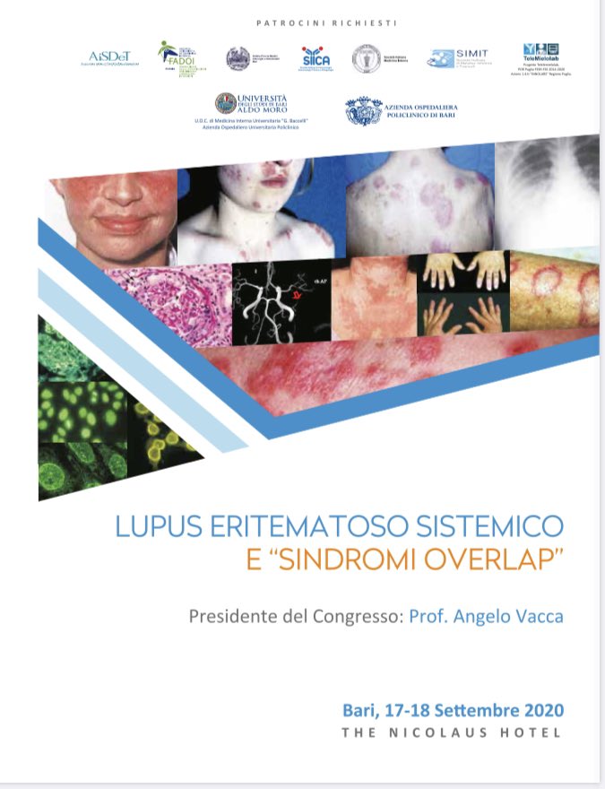 ProfVacca's tweet image. 📌Il 17/18 Settembre - #Bari 

“#LUPUS ERITEMATOSO SISTEMICO E “SINDROMI OVERLAP” 

🔉Destinatari Iniziativa: #internisti, #immunologi, #reumatologi, #nefrologi, #cardiologi, #neurologi e #dermatologi

Maggiori informazioni &amp;gt;&amp;gt; angelovacca.it/interventi/app…