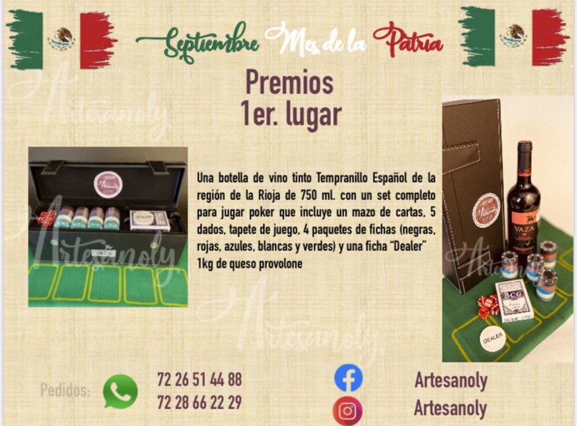 ArtesanolyP's tweet photo. ¡¡¡Así es!!!  LA FAMILIA #ARTESANOLY quiere festejar contigo estas fechas patrias🇲🇽
Es por eso que te tenemos preparado...ESTA GRAN  RIFA!!
No te quedes sin tus boletos!!
Haz tu compra que el ganador podrías ser tu!🏆 #Toluca #Metepec #Zinacantepec #Lerma https://t.co/bm6oybUJLp https://t.co/ean5H2u9F7