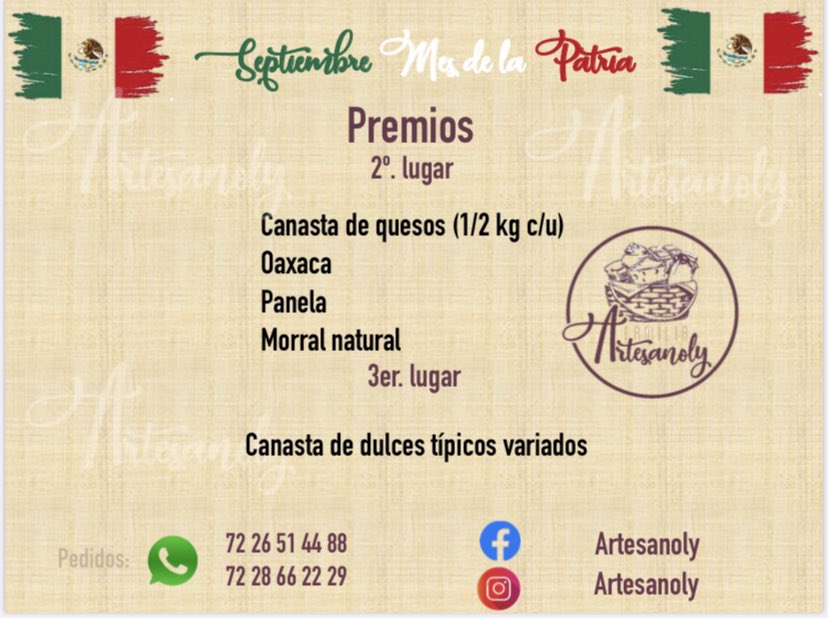 ArtesanolyP's tweet photo. ¡¡¡Así es!!!  LA FAMILIA #ARTESANOLY quiere festejar contigo estas fechas patrias🇲🇽
Es por eso que te tenemos preparado...ESTA GRAN  RIFA!!
No te quedes sin tus boletos!!
Haz tu compra que el ganador podrías ser tu!🏆 #Toluca #Metepec #Zinacantepec #Lerma https://t.co/bm6oybUJLp https://t.co/ean5H2u9F7