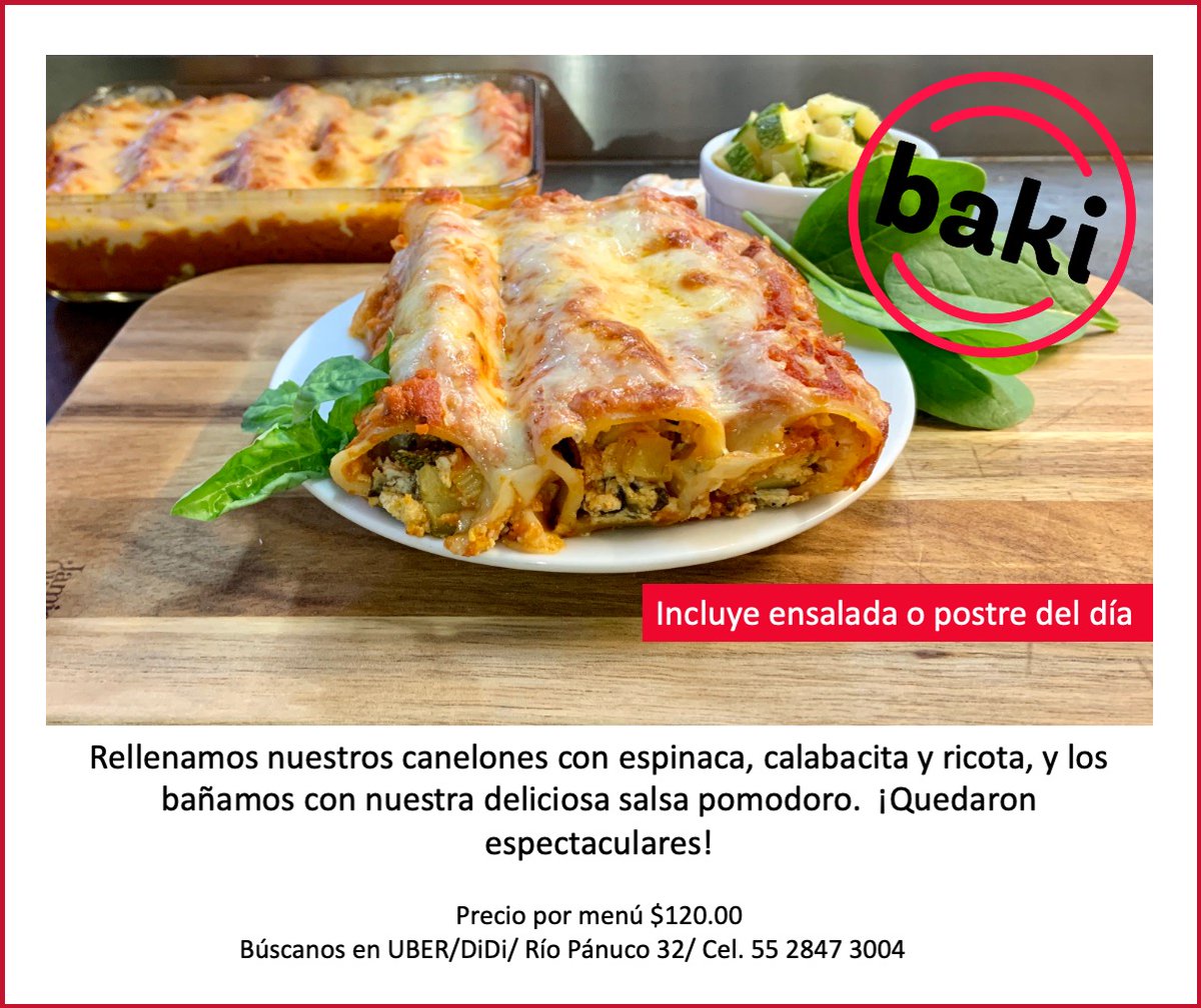 bakiMx's tweet photo. Para este #FelizLunes #MeatFreeMonday les tenemos unos decliciosos canelones rellenos de calabacita, espinaca y ricotta bañados con nuestra salsa especial de pomodoro. Incluye ensalada o postre del día grátis y envío a @RomaCondesa @LaRomaDF @ColoniasCondesa https://t.co/SDaL1VCd1n