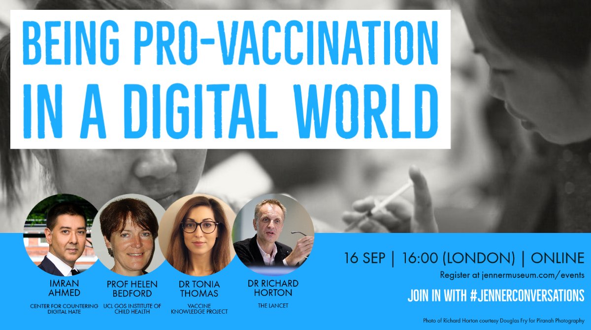 DrJennersHouse's tweet photo. We hear lots about anti-vaccination, but what does it mean to be pro-vaccination? Join us for the next of our free #JennerConversations on Weds where we'll discuss this with @Imi_Ahmed, @HelenEBedford, Tonia Thomas @OxfordVacGroup and @richardhorton1
👉 https://t.co/F1QO7lGfcH https://t.co/p1DeFsA7Bf