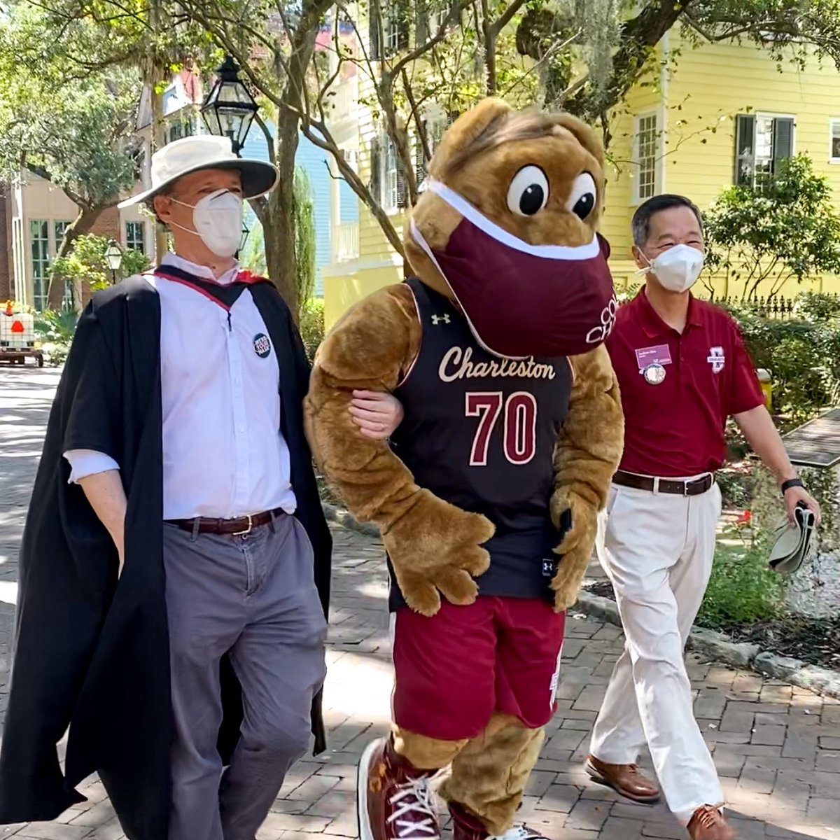 Welcome back to campus! We are out and about with <a href="/CofCHsu/">Andrew T. Hsu</a> and <a href="/ClydetheCougar/">Clyde the Cougar</a>. 

Stop us to grab a selfie or a mask! 😷 📷