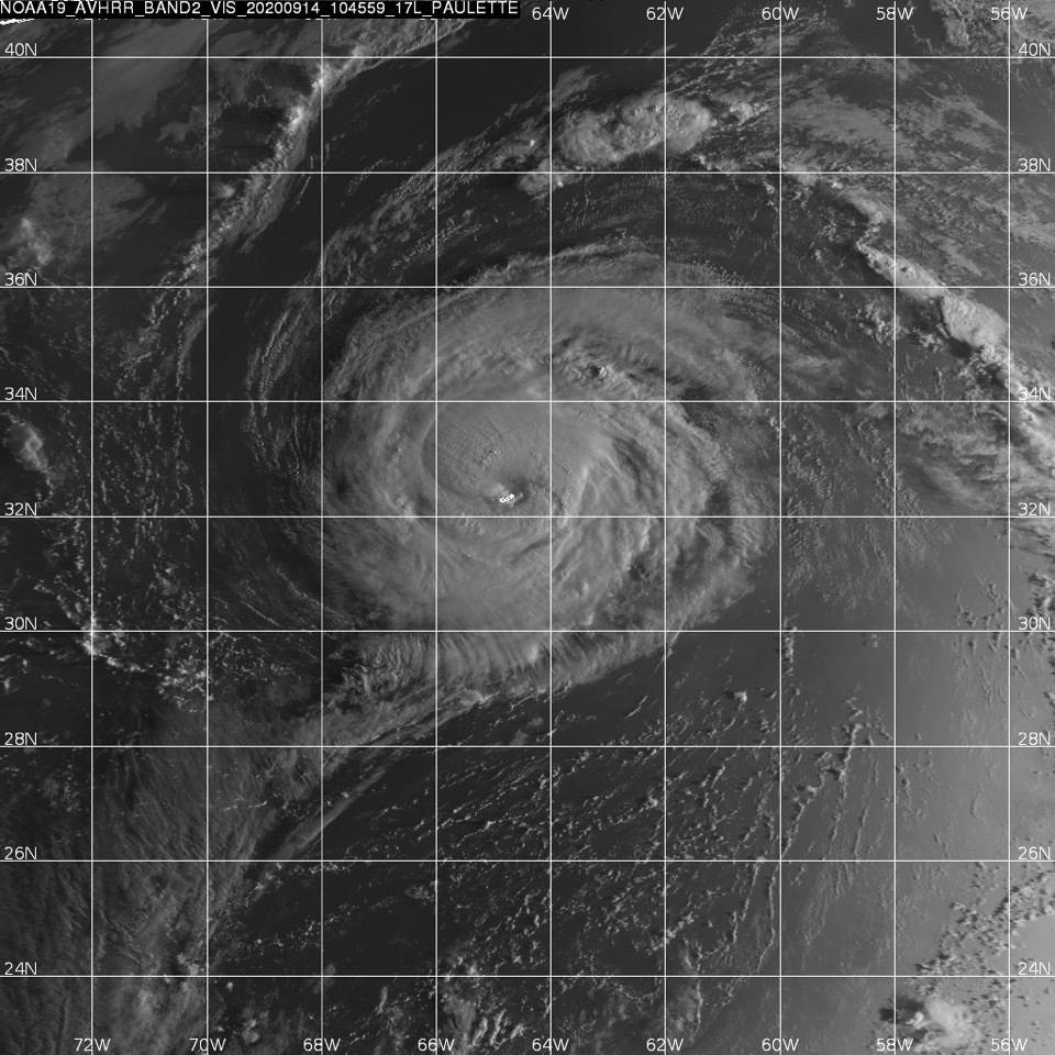 DAPS_Grad's tweet photo. Here's a great image of Hurricane #Paulette that our @CARE_HamptonU DBS received from this morning's overpass of @NOAASatellites NOAA-19! This image is a visible image from AVHRR and shows Paulette directly over #Bermuda https://t.co/7pSn5oIOaM