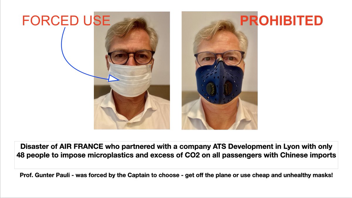 I denounce <a href="/airfrance/">Air France</a> &amp; arrogant Captain flight AF0841 from Martinique to #Paris. I wear a professional mask 100% release of #CO2, zero microplastics to lungs, tight on face. Not permitted! Why force me to use cheap Chinese full of microplastics breathing my own CO2 all night?