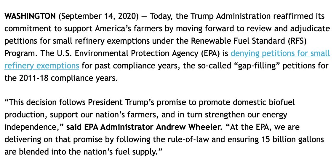 Spencer_Chase's tweet photo. BREAKING: EPA announces it will deny gap year Small Refinery Exemptions from the Renewable Fuel Standard for compliance years 2011-2018. https://t.co/FEIxlWpVrl