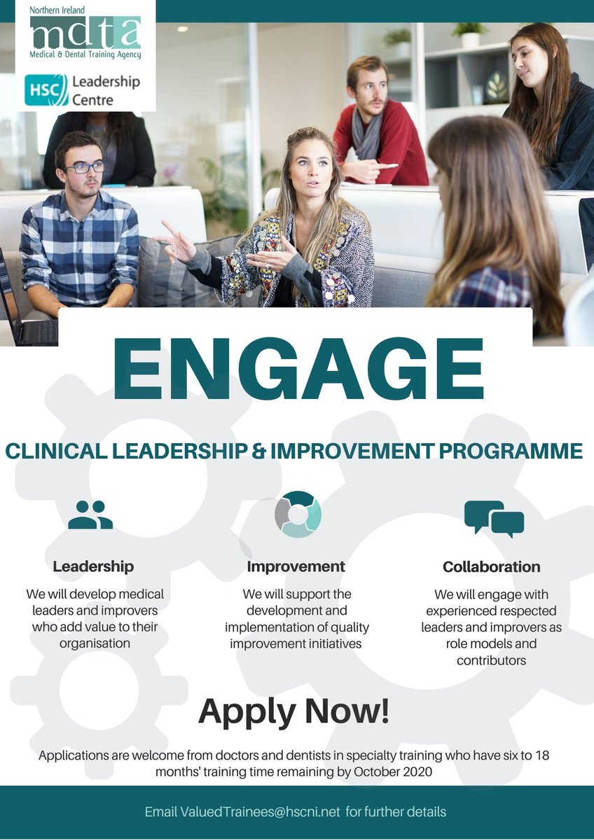 Interested in Leadership and Improvement? Join the ENGAGE programme in 20/21! Open to trainees with 6-18 months training time remaining. Contact ValuedTrainees@hscni.net for further details #ValuedTrainees #ENGAGE2020 #NIMedEd