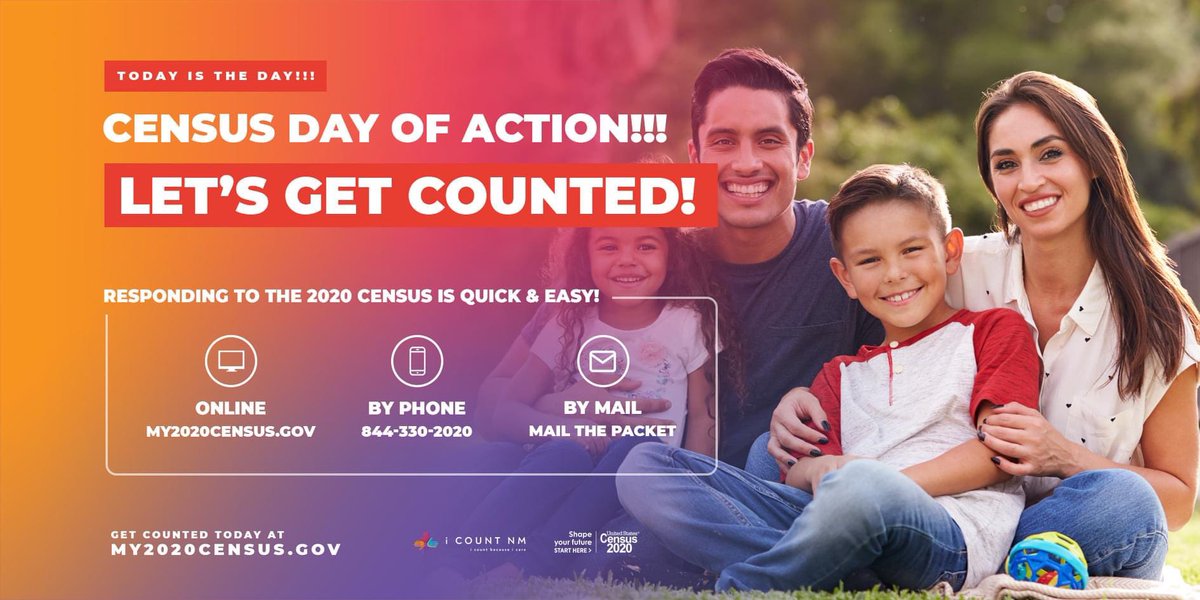 ICountNM's tweet photo. Today is the Census Day of Action!!! Please take 10 minutes &amp; complete your census. New Mexico needs you! BILLIONS of dollars could be lost for vital services &amp; programs. Please respond today! You can respond online (https://t.co/ioOhJH4HEi), by phone (844-330-2020), or by mail. https://t.co/MPhTedgJoh
