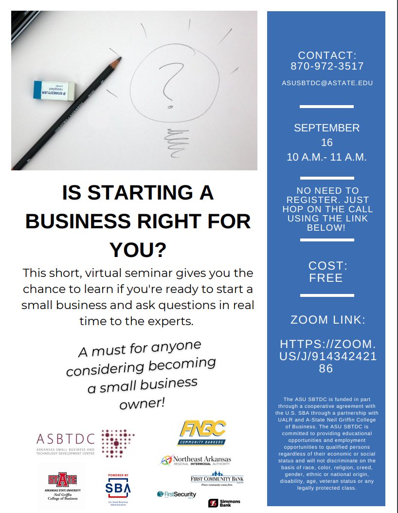 If you're considering becoming a small business owner, join our short, virtual seminar and ask questions in real time to our business consultants on September 16 from 10-11 a.m. Check out the Zoom link in the flyer, and hop on and see us!