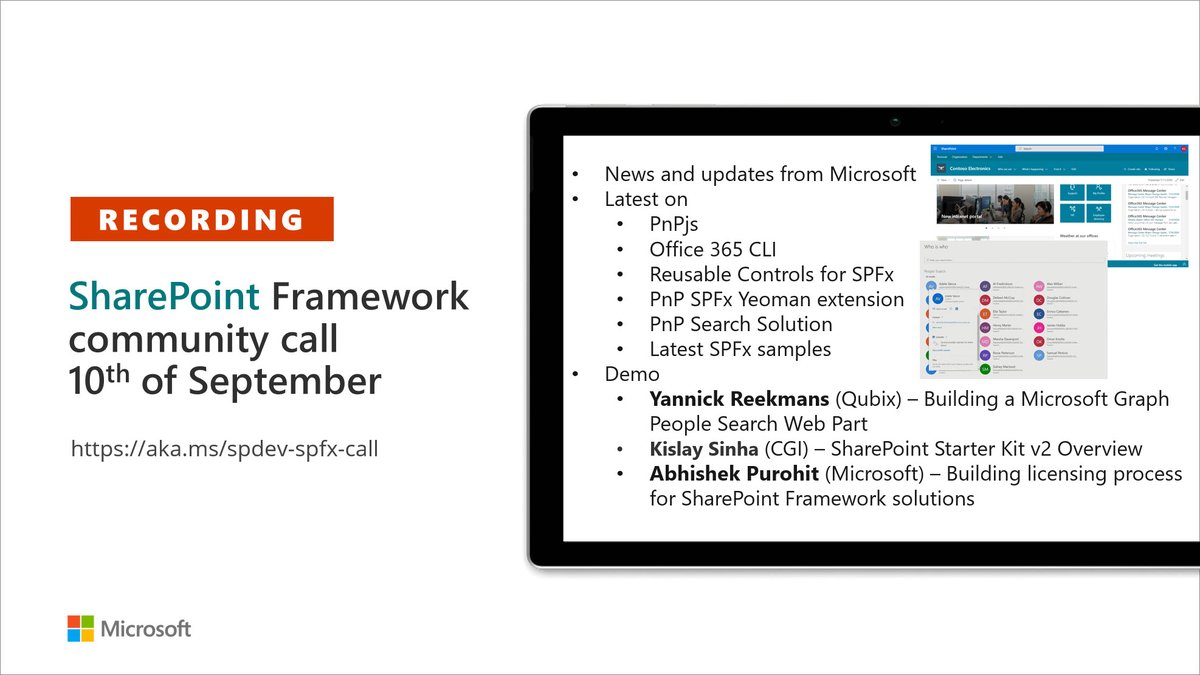 Microsoft365Dev's tweet photo. Recording of the #SharePoint Framework bi-weekly community call 10th of September. #SPFx update, #PnPjs, #Office365CLI, controls, and Yeoman extension. Awesome demos by @YannickReekmans, @SinhaKislay, @abpuro. https://t.co/CXEygDEbXu #Microsoft365dev https://t.co/JB8B9xBDCK