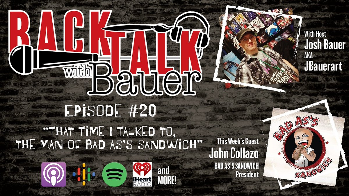JBauerart's tweet photo. Tomorrow night I get to chat with @JohnCollazo2 of Bad As's Sandwich for episode #20 of Back Talk With Bauer. Join in on the show at 7PM EST on https://t.co/m6Rt1O9sF3 .

#JBauerart #BackTalkWithBauer #podcast #podcaster #badasssandwiches #orlando #orlandorestaurants #restaurant https://t.co/JBZBK1sKyp