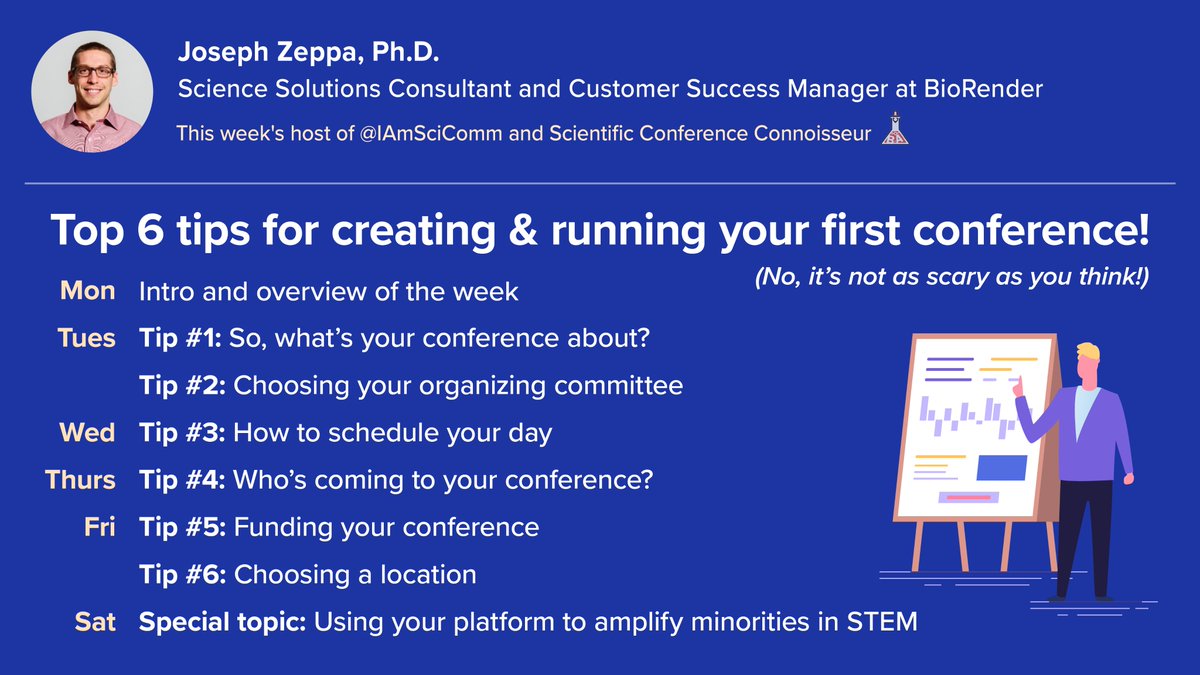 iamscicomm's tweet photo. Hi everyone! 👋🏼 I'm Joe and I'm this week's host! I'm a Science Consultant at BioRender with a decade of infectious disease research experience in academia and I’m very passionate about #SciComm! This week I will be giving 6 actionable tips for running your own conference! 🧑🏻‍🏫 👩🏻‍🏫 https://t.co/fKTzy8rw8N