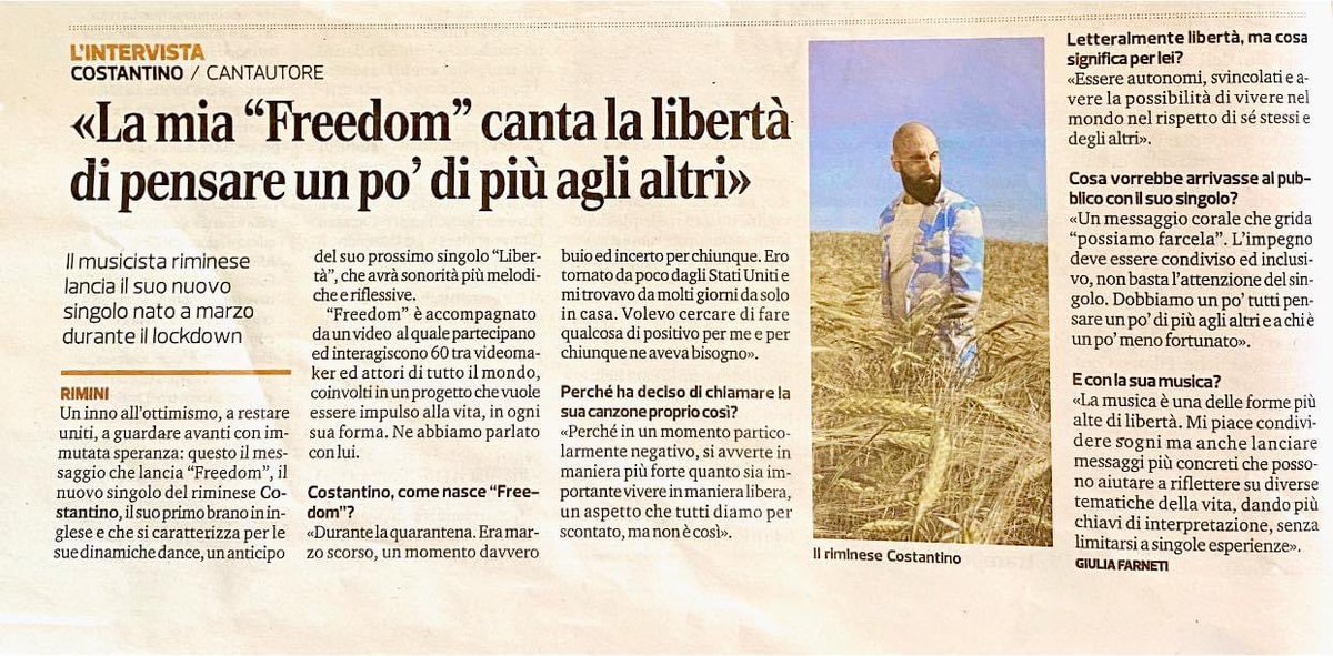 therealclochard's tweet photo. Che sorpresa! Grazie Corriere 🌤 #Costantino #Freedom #Music https://t.co/2lAQBpFMU8