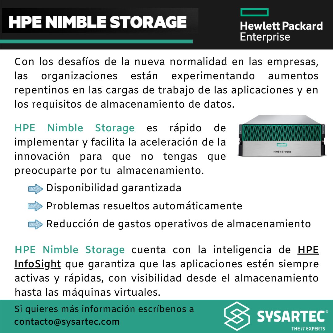 SYSARTEC's tweet photo. Transforma la experiencia de almacenamiento con un conjunto único de innovaciones, en inteligencia, rendimiento, movilidad en la nube y modelo de propiedad, que solo HPE Nimble Storage ofrece.

Si quieres mayor información, escríbenos a contacto@sysartec.com https://t.co/bjYjvWwEAq