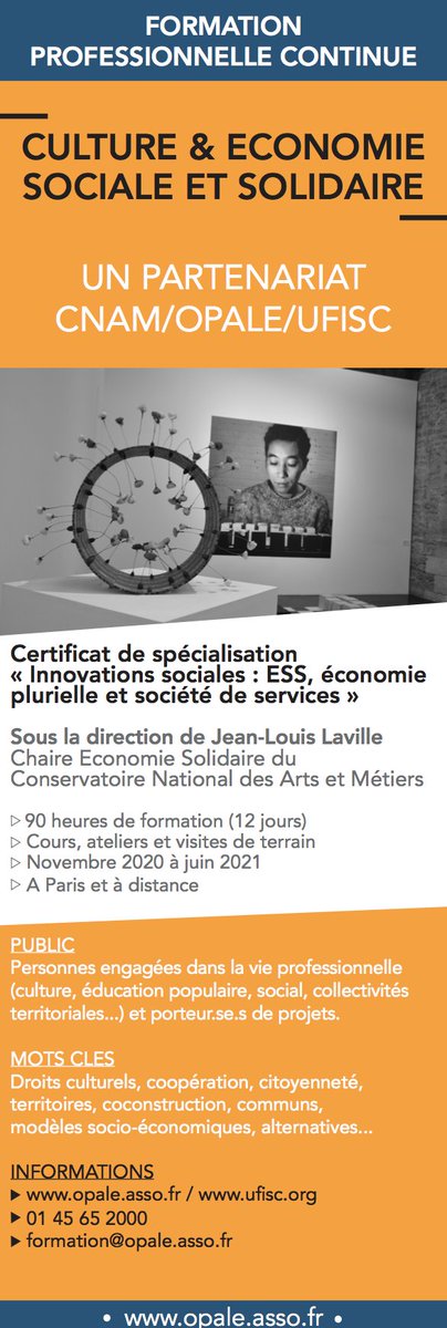 UFISC's tweet photo. 𝗙ormation pro continue (90h) #Culture &amp; #ESS ! Bénéficiez d’une spécialisation articulant approche théorique, connaissance des expériences et des nouvelles politiques publiques avec ce certificat issu d'un partenariat @opale_culture, @LeCnam et #UFISC ! 
https://t.co/3BX4iwE4Hc https://t.co/6wmvJQYblB
